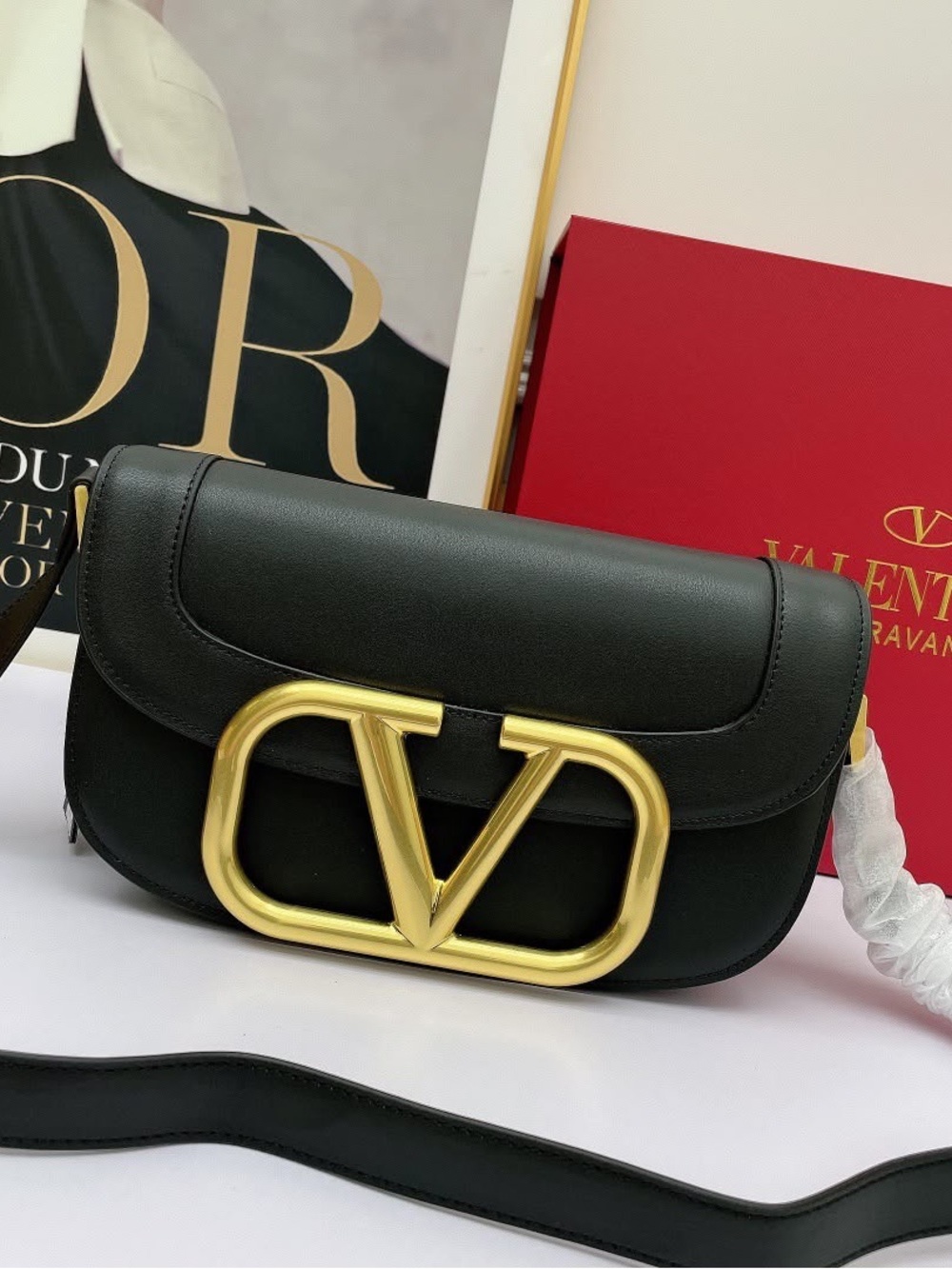 Valentino Garavani Black Leather VLogo Shoulder Bag with Gold Hardware